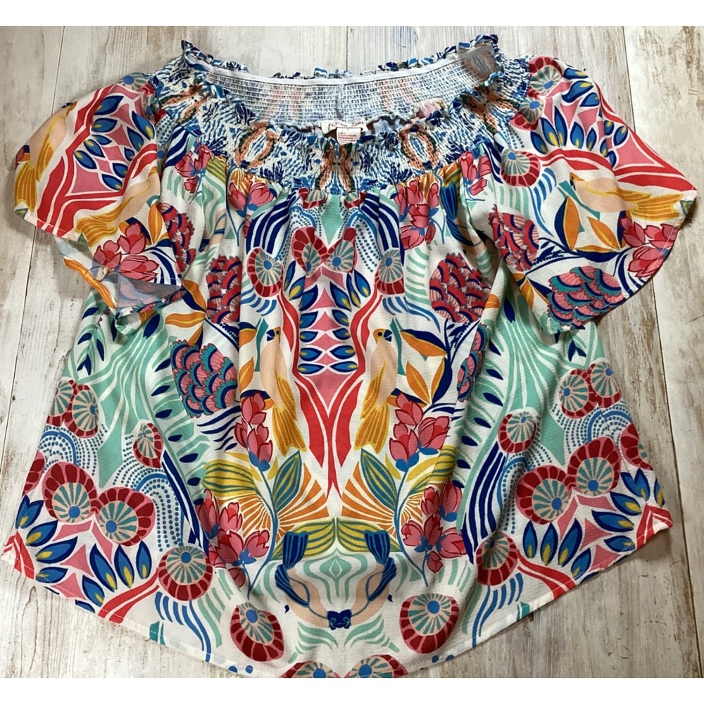 Flying Tomato Bird Print Smocked Off Shoulder Blouse Multi L Colorful boho